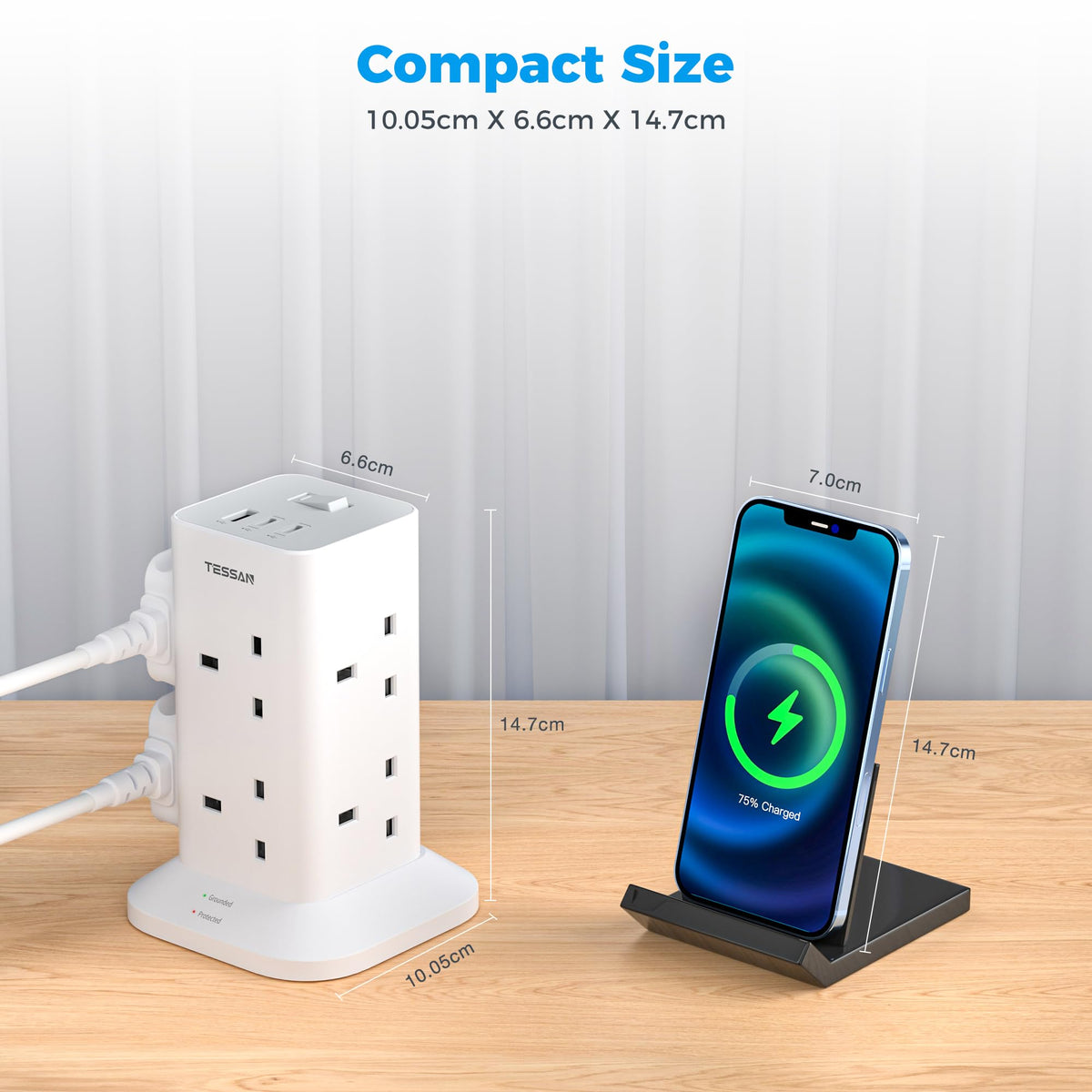 TESSAN Tower Black Extension Lead with USB C Slots