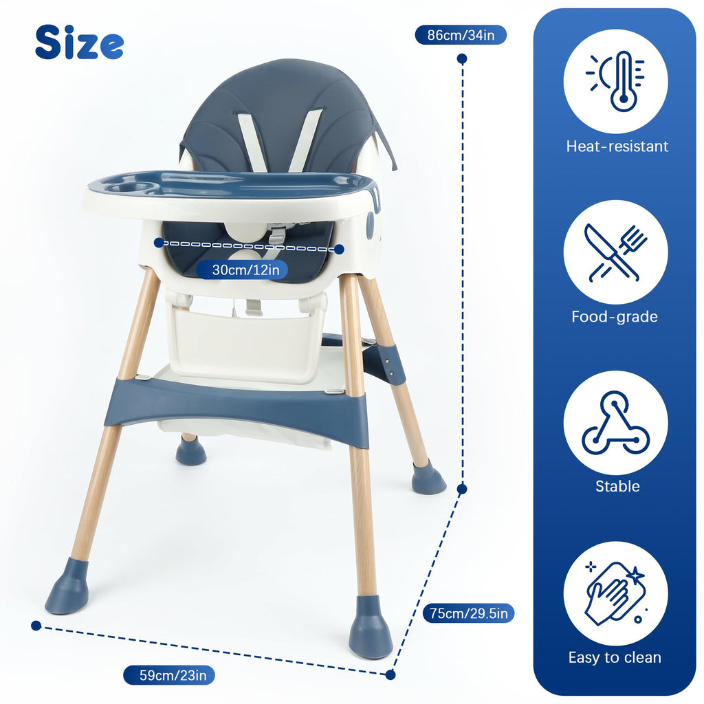 Baby High Chair Foldable Highchair, High Chairs for Babies and Toddlers Adjustable Height & Reclining Seat Detachable Double Tray, Ergonomic Feeding Portable Highchairs for Newborn 6 Months to 5 Years