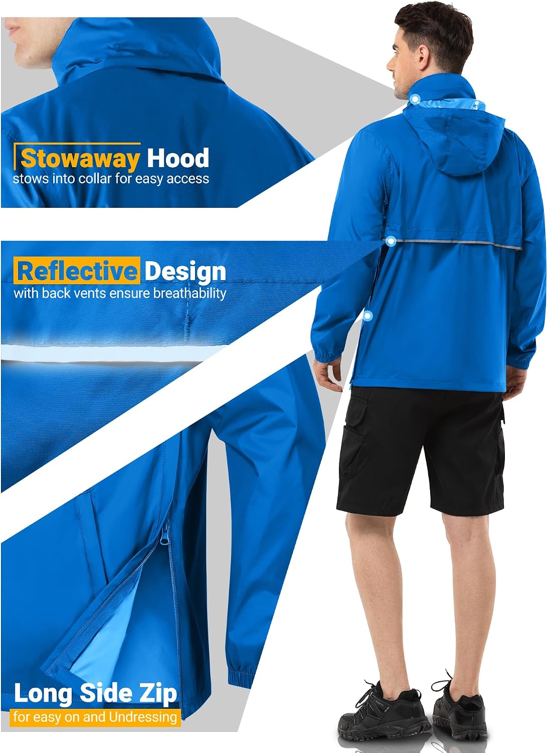 Outdoor Ventures Men's Waterproof Rain Jacket Packable Hooded Pullover