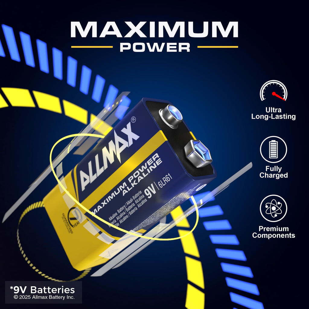 Allmax 9V (6LR61) Maximum Power Alkaline Batteries (4 Count) – 9 Volt
