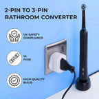Double Dragon 2-Pack UK Electric Toothbrush & Shaver Plug Adapter | 2-Pin to 3-Pin Bathroom Converter | Supports UK EU Round & US Flat 2-Pin Plugs | 1A Fused | Compatible with Oral-B, Braun, Philips