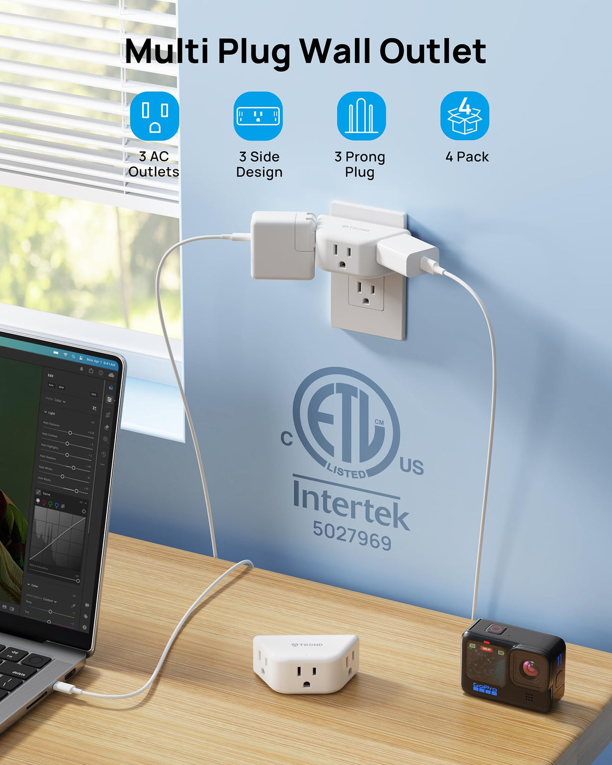 TROND Multi Plug Outlet Extender with USB, 2 Pack Plug Splitter