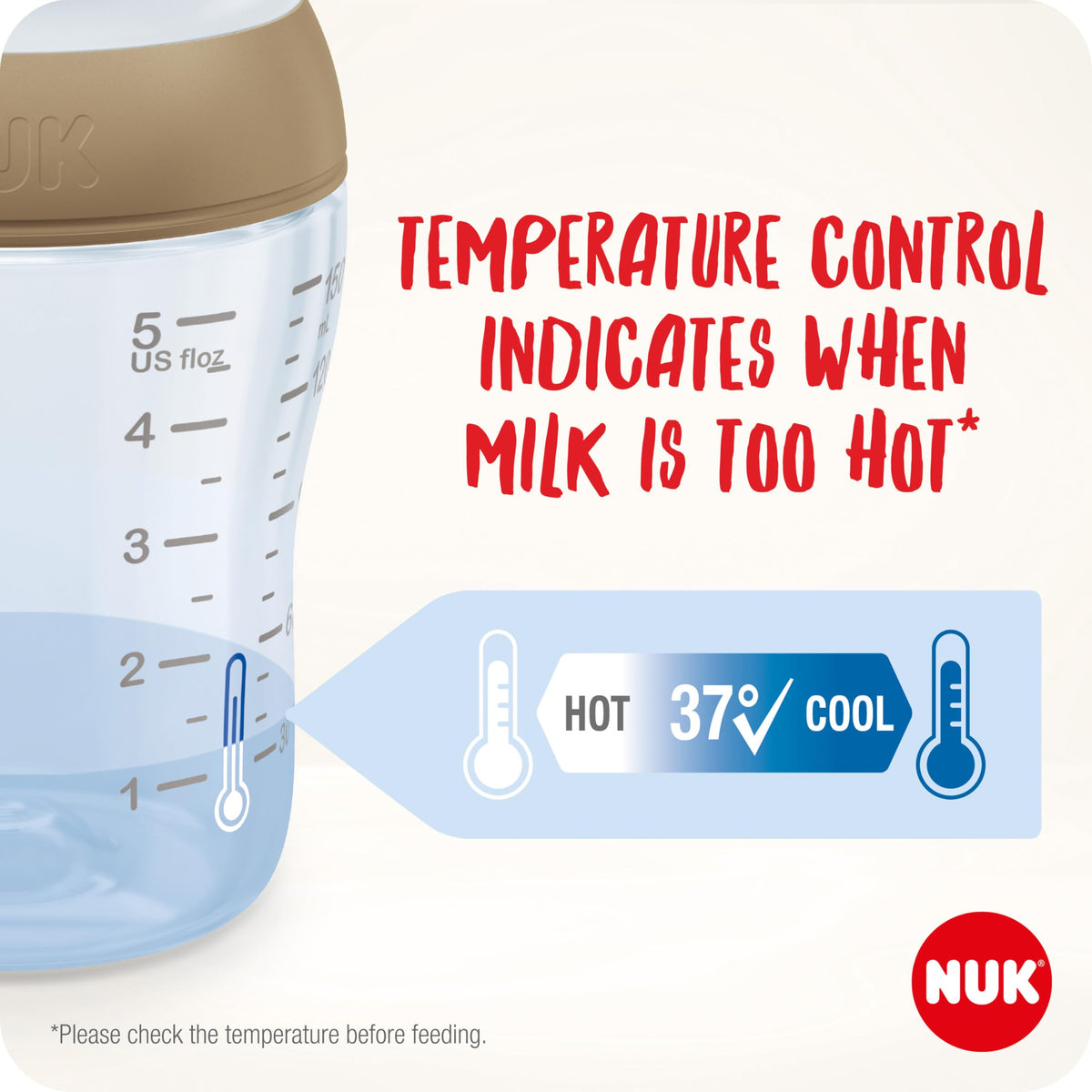 NUK Perfect Match Baby Bottle | 3+ Months | 260ml | Anti Colic Feeding Bottle | PP | Temperature Control Indicator | Hippo | 3 Count