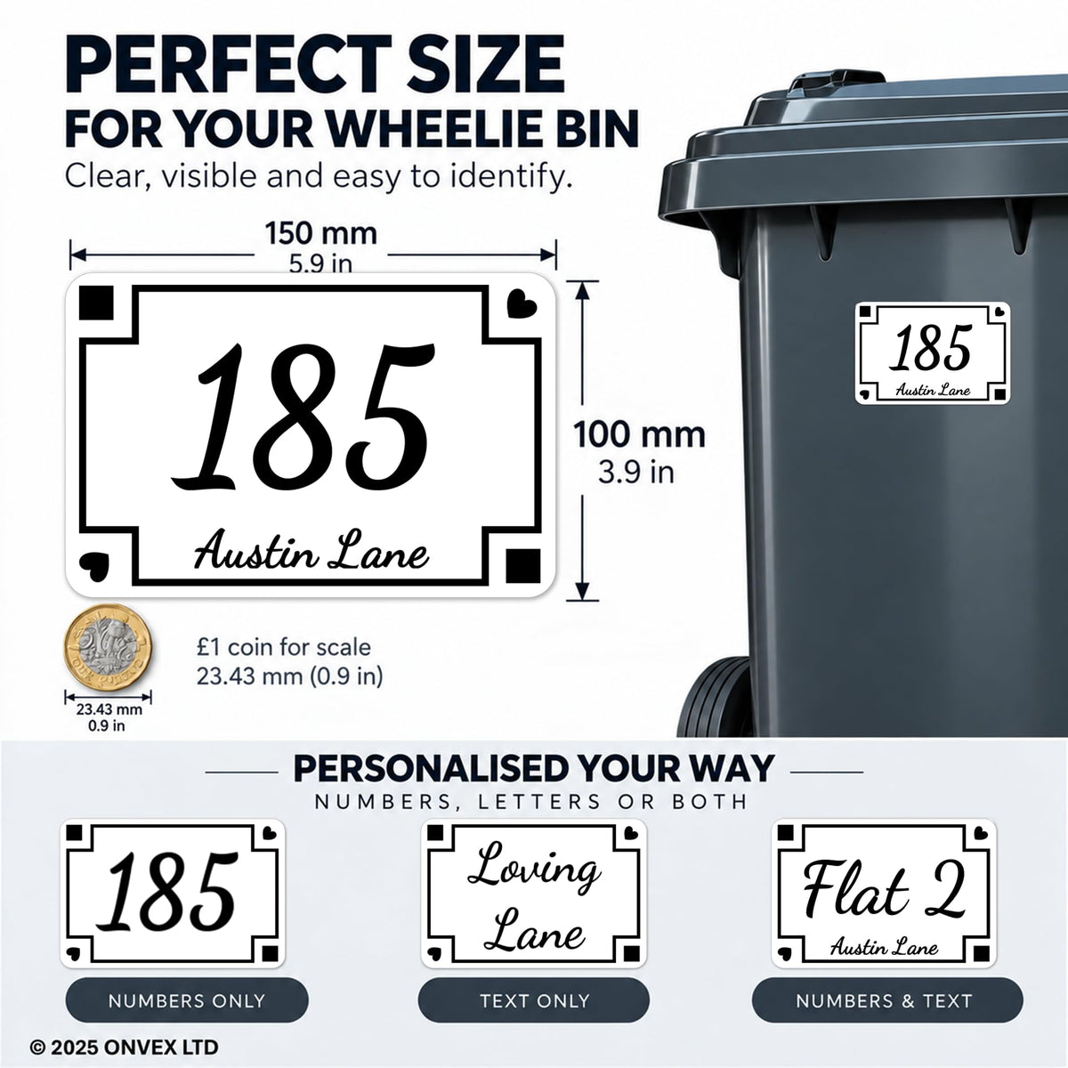 Set of 4 Personalised Wheelie Bin Stickers, Custom Bin Number Stickers with House Number and Street Name, Waterproof Labels for Rubbish and Recycling Bins, Easy Apply, 100 x 150mm (Style - Classic)