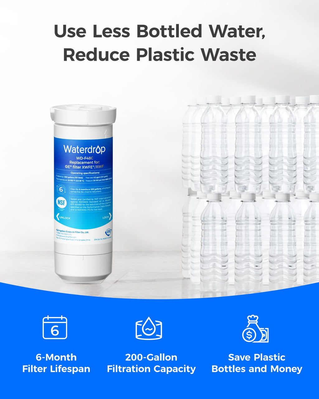 Waterdrop Plus Water Filter Replacement for GE® XWFE®, Built-in Chip 3 Pack