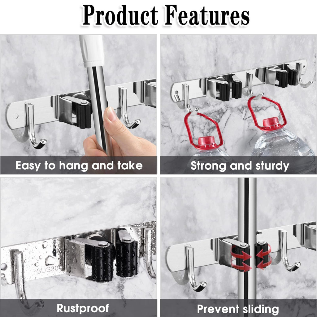 AceMining Broom Holder Wall Mount, 5 Racks 4 Hooks Heavy Duty Mop Organizer