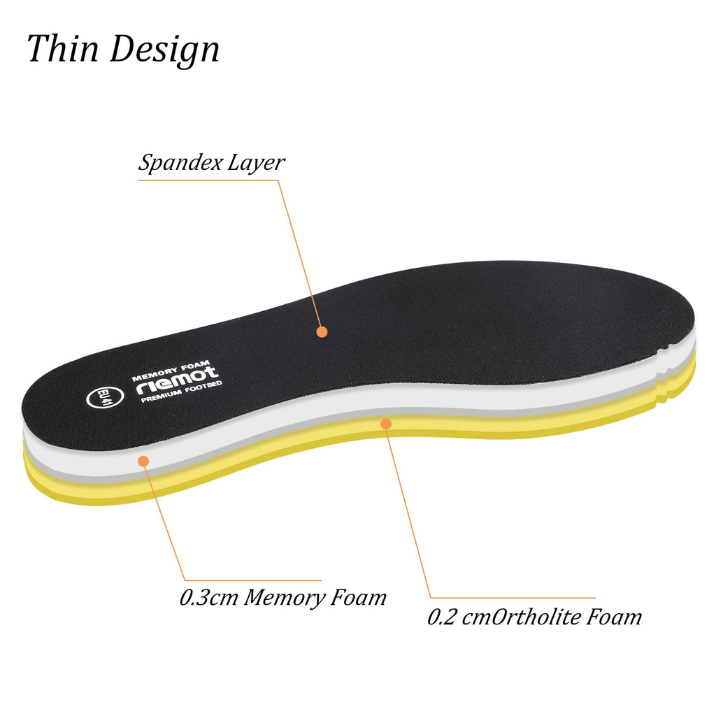 riemot Memory Foam Insoles for Men and Women - Replacement Shoe Inserts Comfort Cushioning for Sports Shoes, Trainers, Sneakers, Work Boots and Walking Shoes, Black with Yellow Base, UK8 / EU42