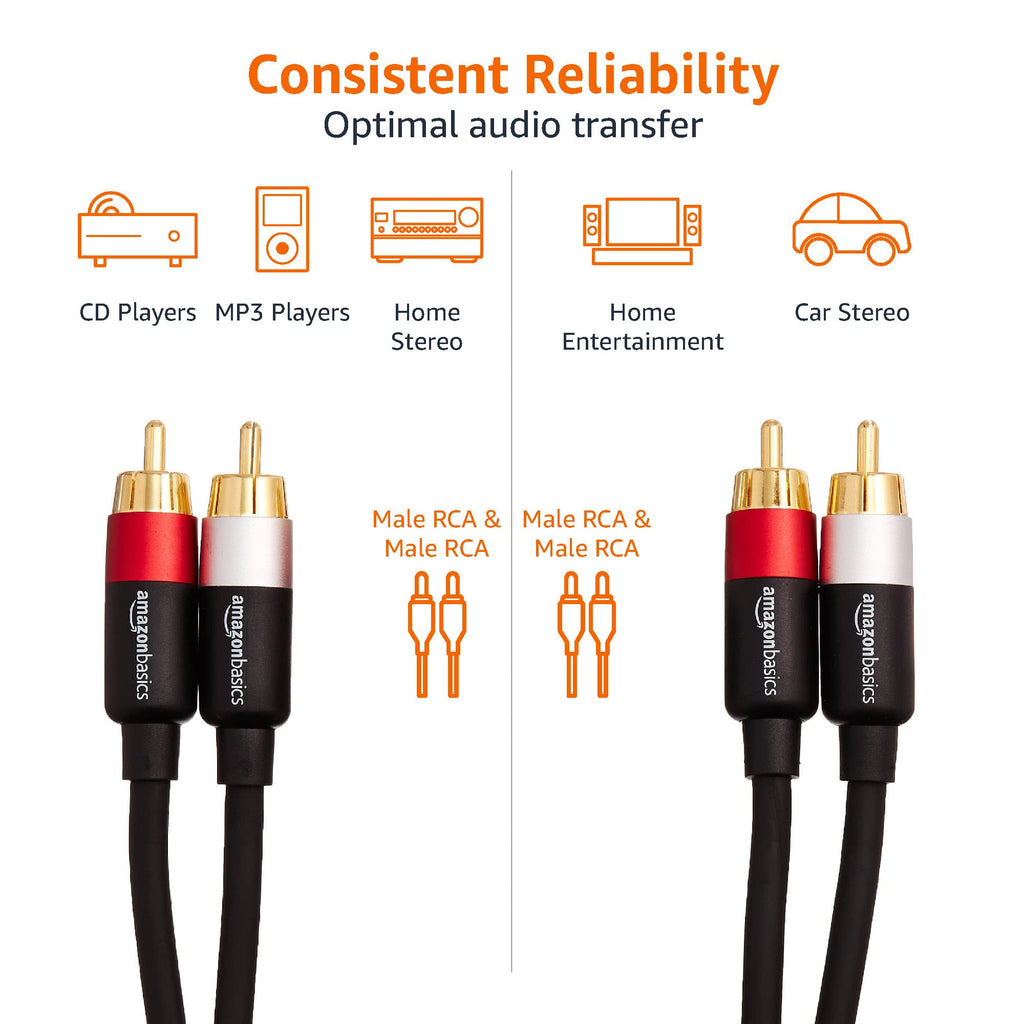 Amazon Basics 2 RCA Cables for Amplifier, Active Speakers or Subwoofer, 1.2 m, Black