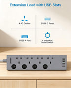 Black Extension Lead with 4 USB Slots(2 USB C), 4 Way Plug Extension Socket