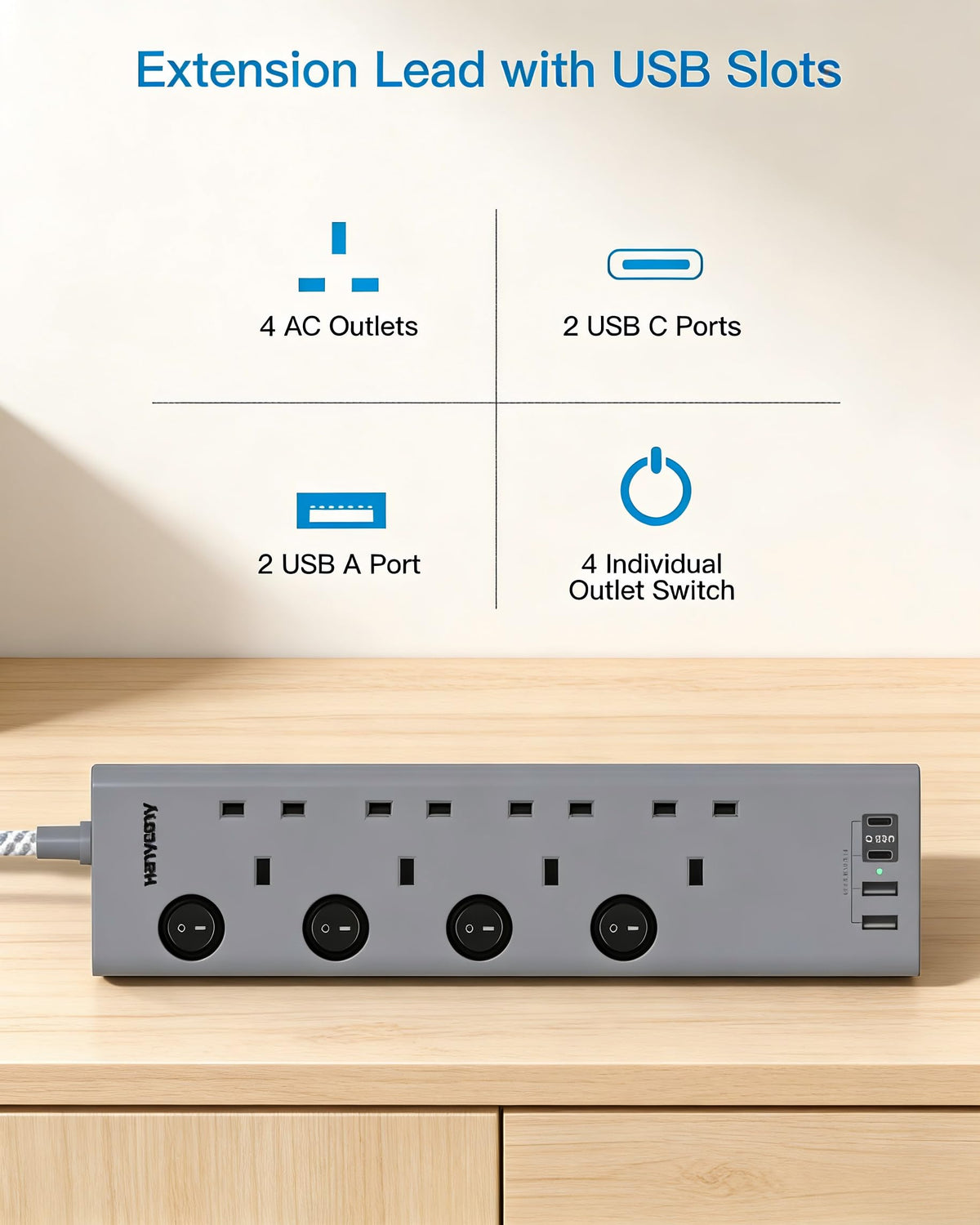 Black Extension Lead with 4 USB Slots(2 USB C), 4 Way Plug Extension Socket