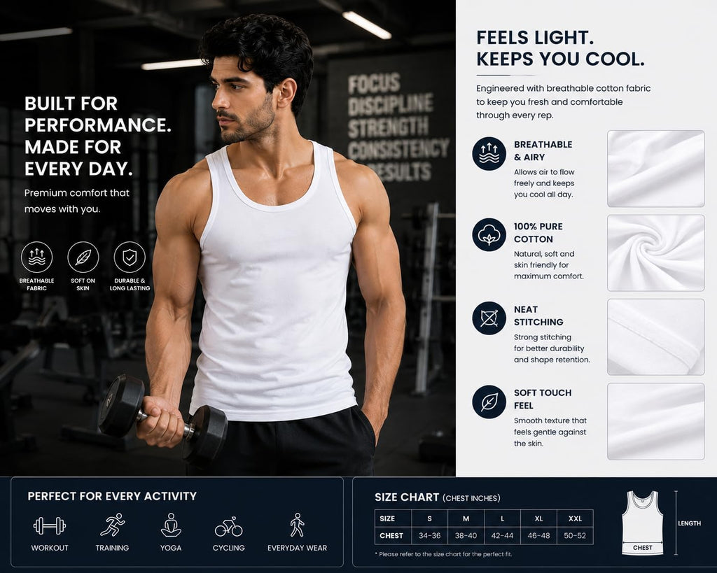 ITRAT Men's Cotton Vests Tank Tops Slim Fit Summer Top Breathable Sleeveless Shirt, Easy Fit Athletic Wear for Workout, Everyday Use and Training Activities (Pack 1, White, XL)