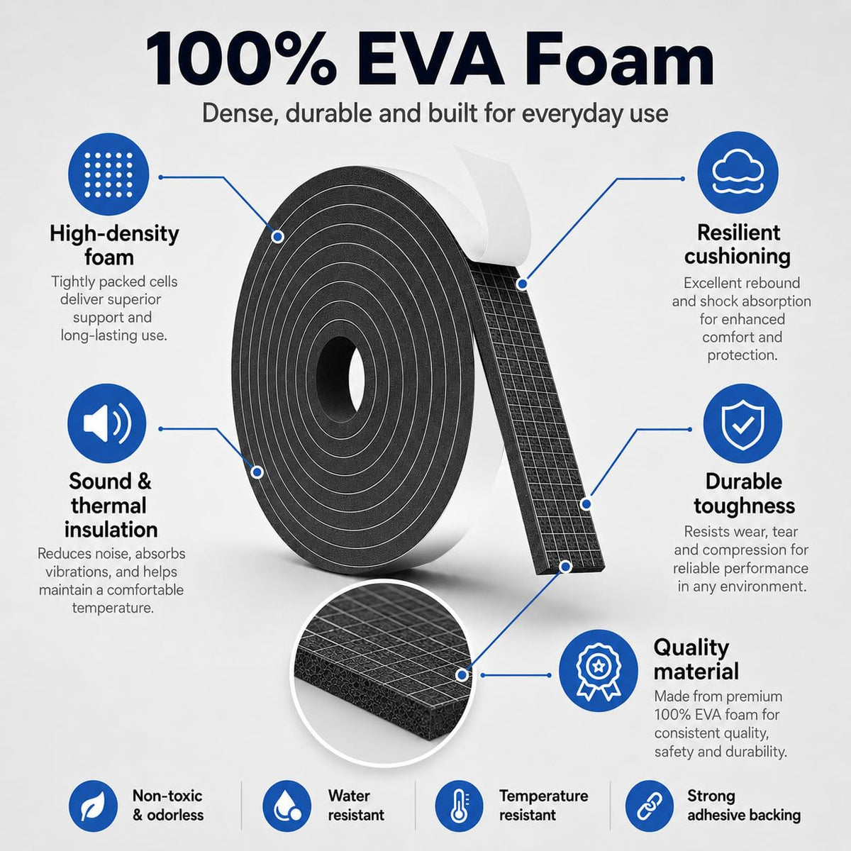 EVA Weather Stripping Foam Insulation Tape with Adhesive Foam Door Seal Weather Strip for Door Frame/Window/Gaps/Insulation/Buffer