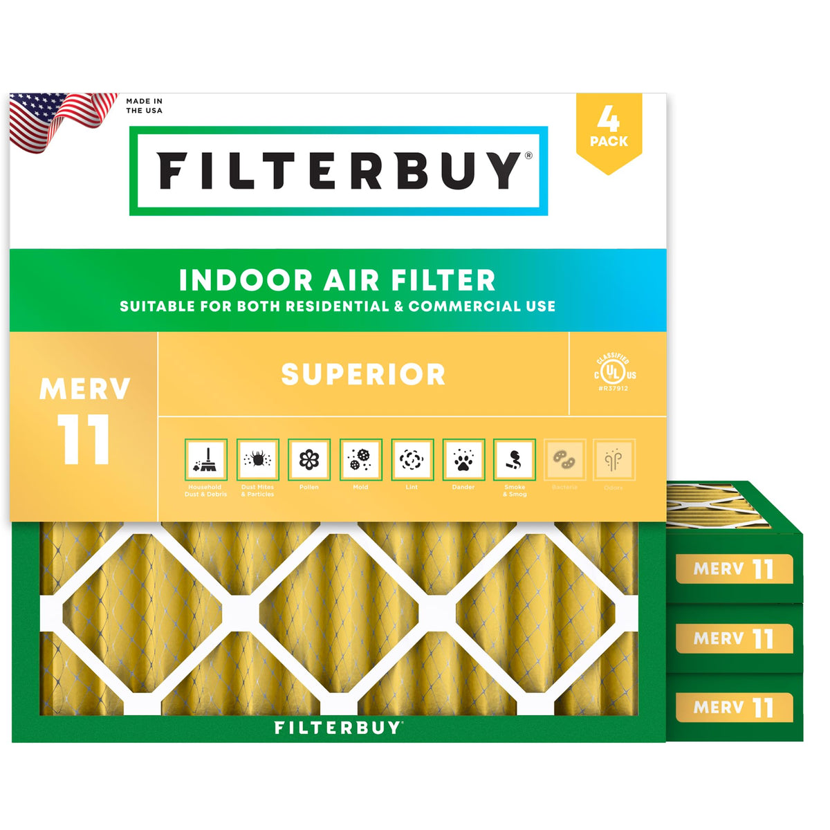 Filterbuy 16x20x1 Air Filter MERV 11 Pet & Allergy Defense (4-Pack)