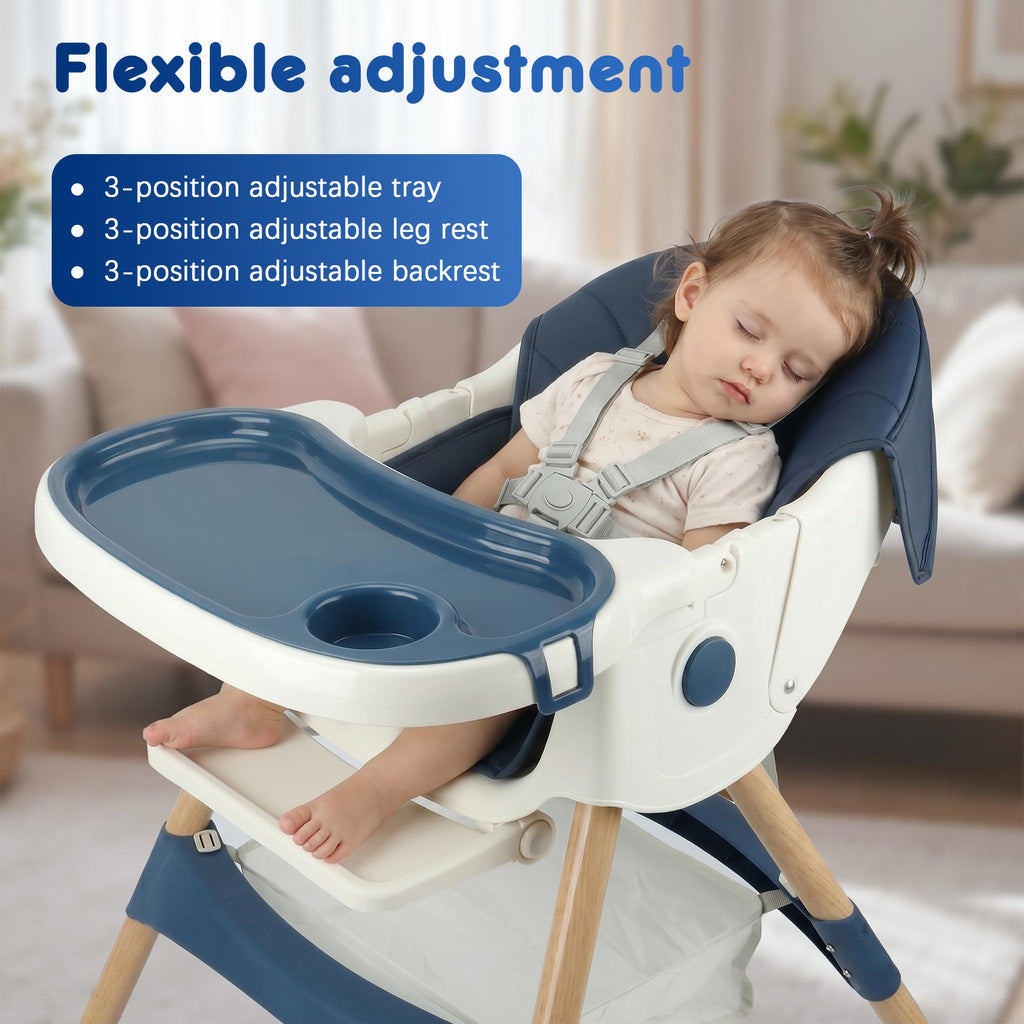 Baby High Chair Foldable Highchair, High Chairs for Babies and Toddlers Adjustable Height & Reclining Seat Detachable Double Tray, Ergonomic Feeding Portable Highchairs for Newborn 6 Months to 5 Years