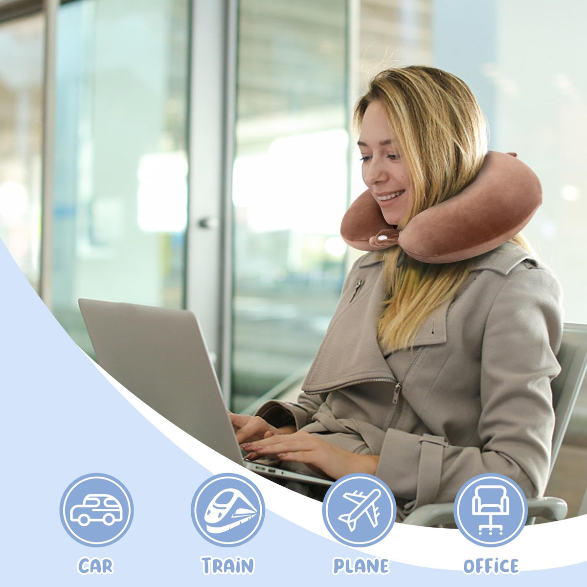 WENGX Travel Neck Pillow With Storage Bag Memory Foam Head Support Flight Pillows Cushion for Airplane Train Car Office Travel Essential for a Long Hauls Sleeping Rest(Pale Pink)