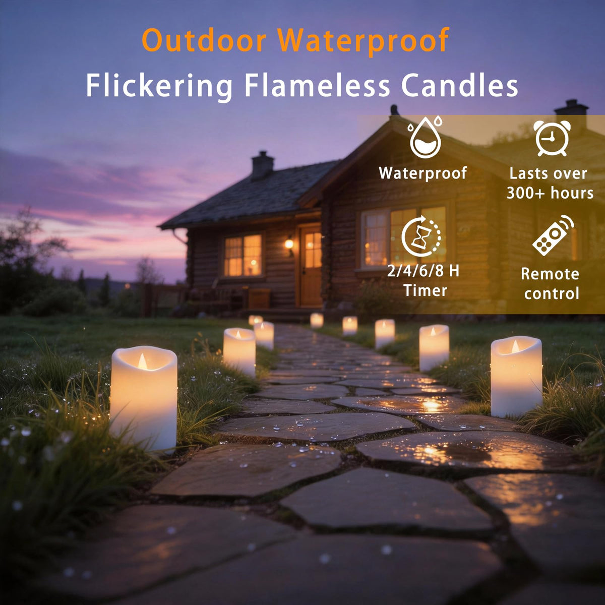 Outdoor Flameless Candles, Patented 3D Dual-LED, Set of 2 Slanted Plastic Pillars with Remote, Waterproof Non-Melting Battery Operated Decor for Bathroom Bedroom Gift, Black (D3 x H6)