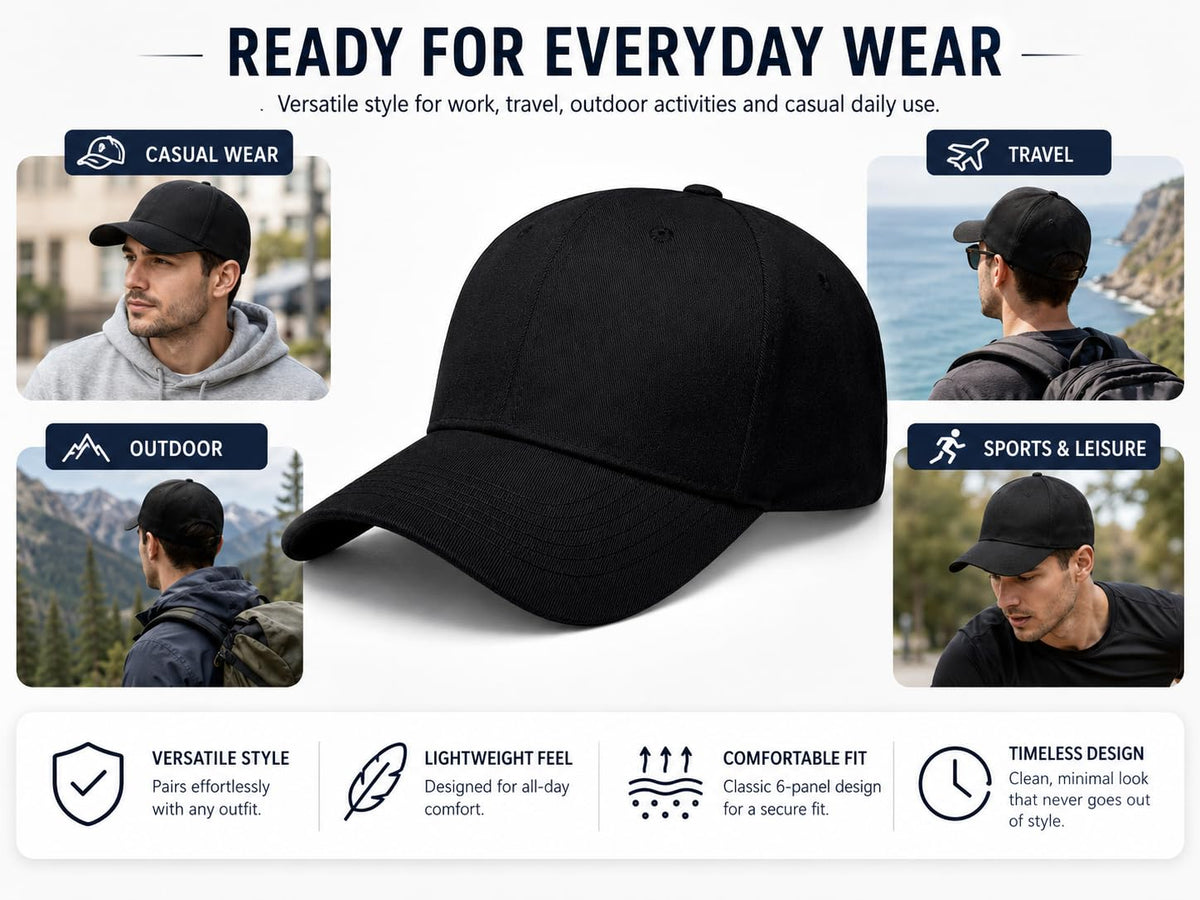Baseball Cap for Men & Women, Adjustable Unisex 6 Panel Hat with Curved Peak, Breathable Eyelets, One Size Fits Most, Casual Sports Outdoor Wear