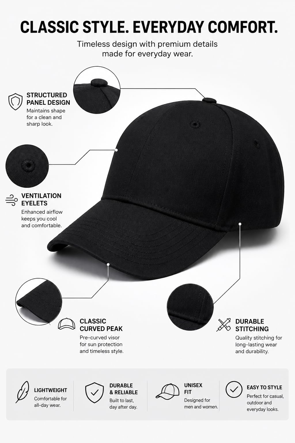 Baseball Cap for Men & Women, Adjustable Unisex 6 Panel Hat with Curved Peak, Breathable Eyelets, One Size Fits Most, Casual Sports Outdoor Wear