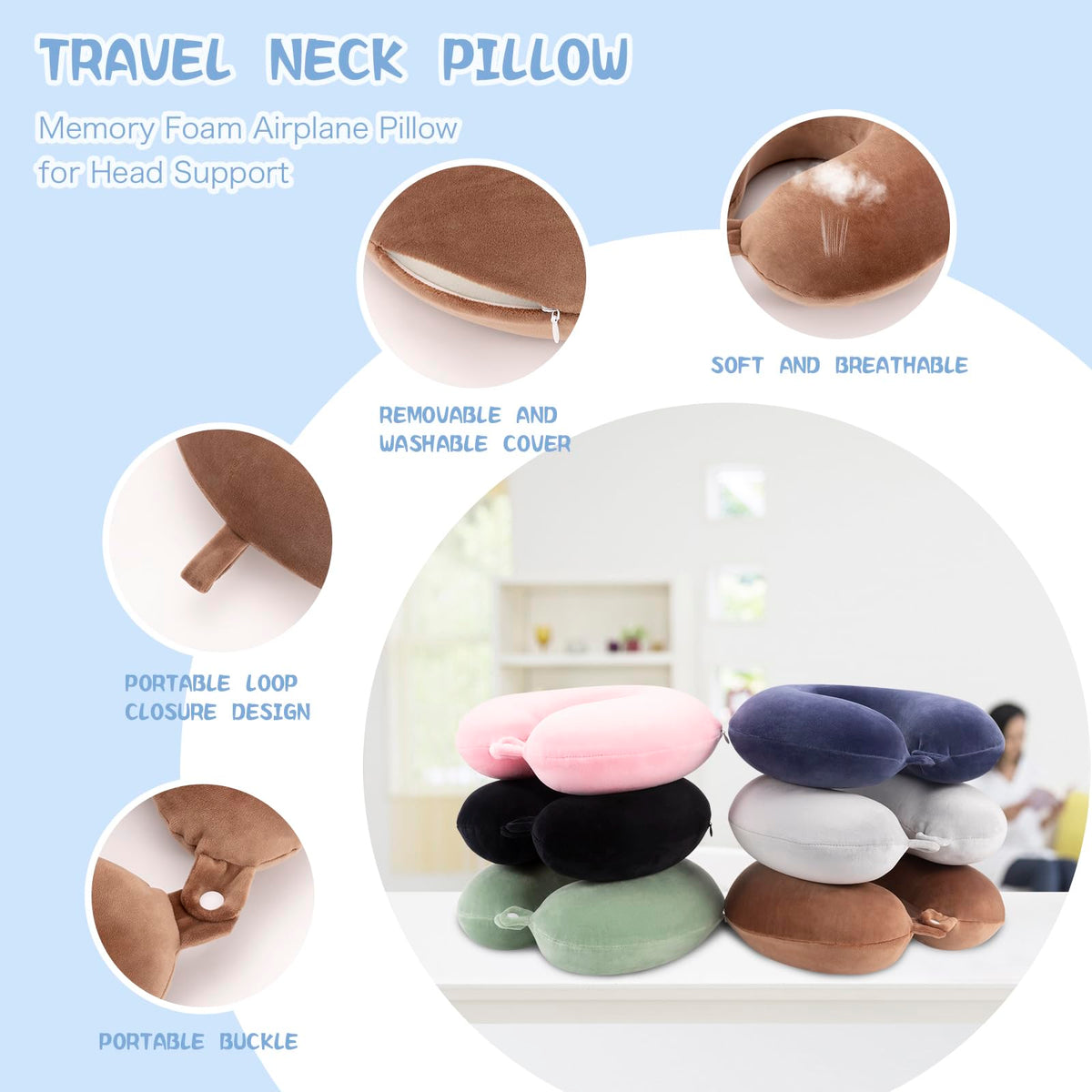 WENGX Travel Neck Pillow With Storage Bag Memory Foam Head Support Flight Pillows Cushion for Airplane Train Car Office Travel Essential for a Long Hauls Sleeping Rest(Pale Pink)