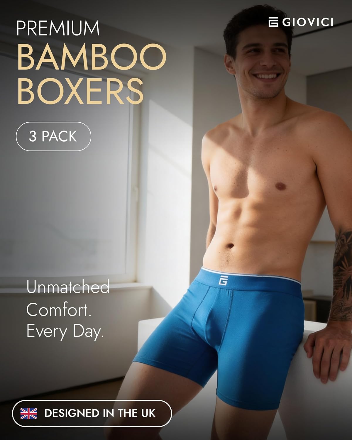 Giovici Mens Boxers Bamboo Anti Chafing Soft Comfortable Boxer Briefs Longer Leg - Boxer Shorts Multipack - Moisture Wicking Technology