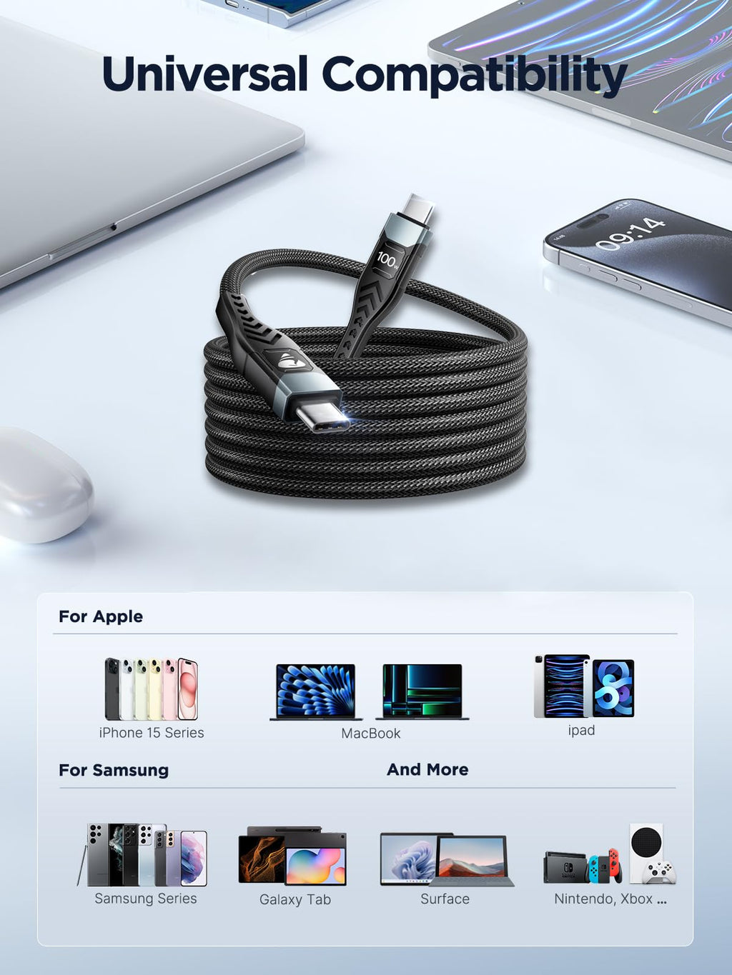 USB-C to C 1M 100W PD3.0 Fast Charging Cable - Compatible with MacBook Pro, iPad Air, iPhone 15, Samsung S23/S22/S21 Ultra, Pixel 7/6, Switch, PS5