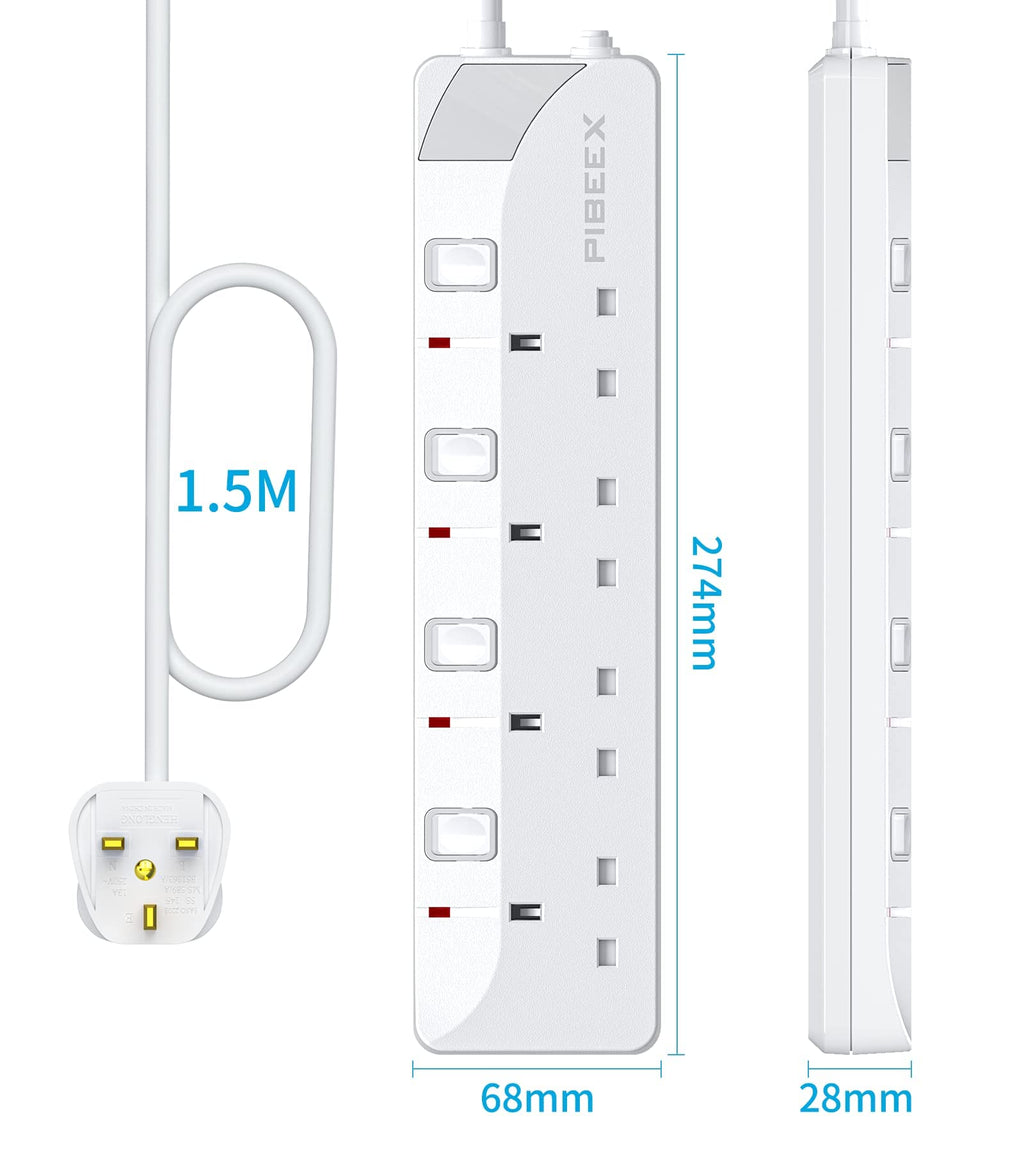 PIBEEX Extension Lead 2 Way Plug Sockets with Individual Switches Wall Mountable Power Strip 3M Extension Cable 13A Fused UK Plug 3250W