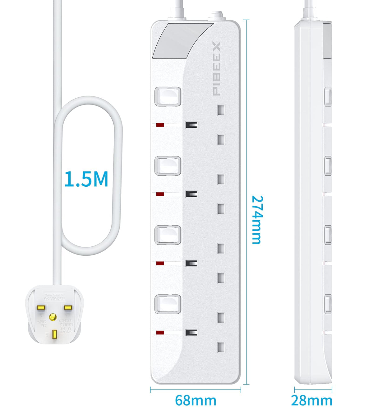 PIBEEX Extension Lead 2 Way Plug Sockets with Individual Switches Wall Mountable Power Strip 3M Extension Cable 13A Fused UK Plug 3250W
