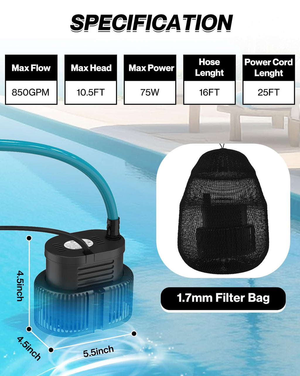 AgiiMan 850GPH Pool Cover Pump, Submersible Sump Pump above Ground