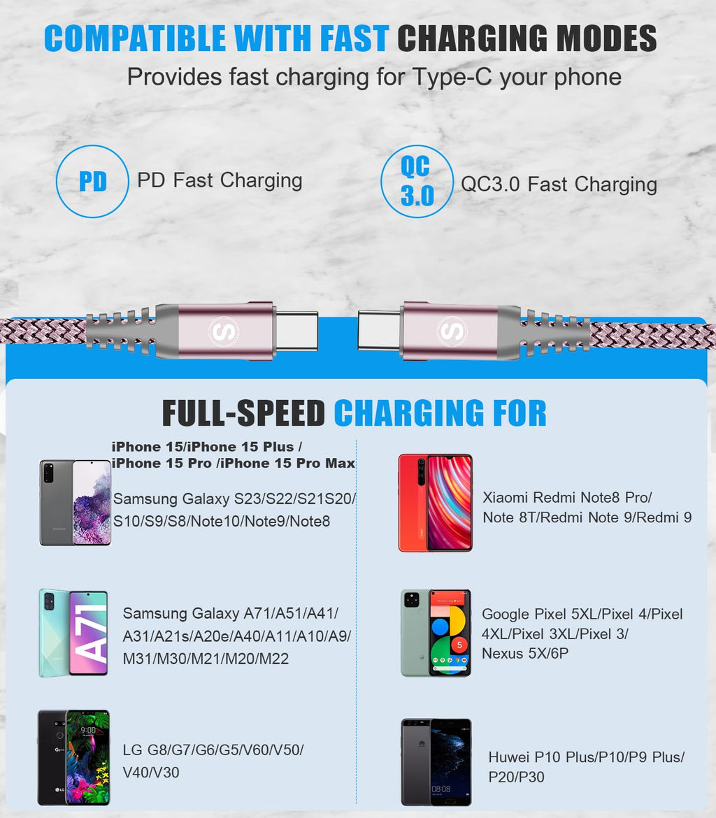 2-Pack 2m 60W USB C to USB C Charger Cable, PD Type C Super Fast Charging for iPhone 17 air 16 15 MacBook iPad Pro, Samsung Flip Fold 7 6 5 S26 S25 S24 S23 Ultra, Steam Deck, Nintendo Switch etc