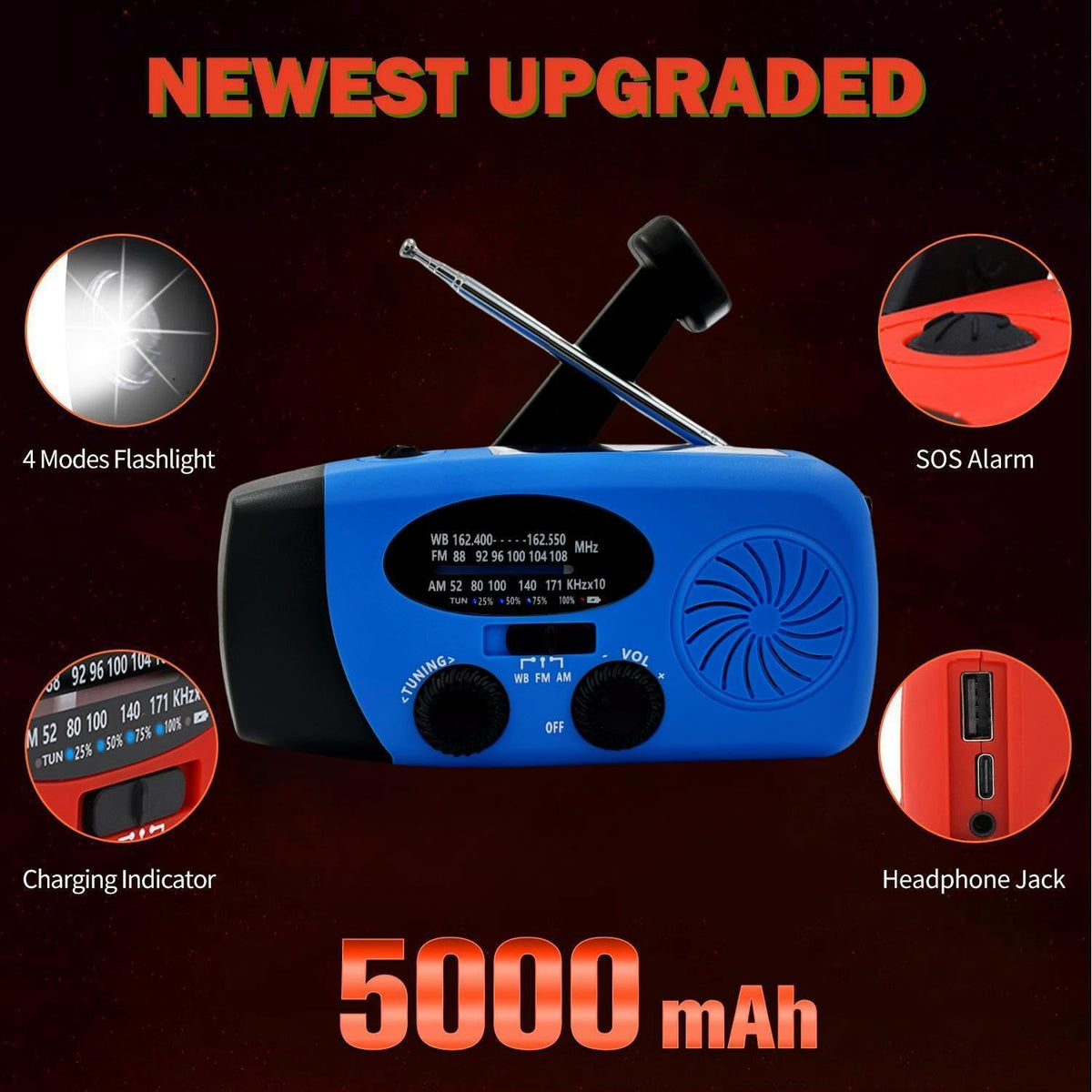 2000mAh Wind Up Solar Radio, Emergency Weather Radio,FM/AM Hand Crank Radio