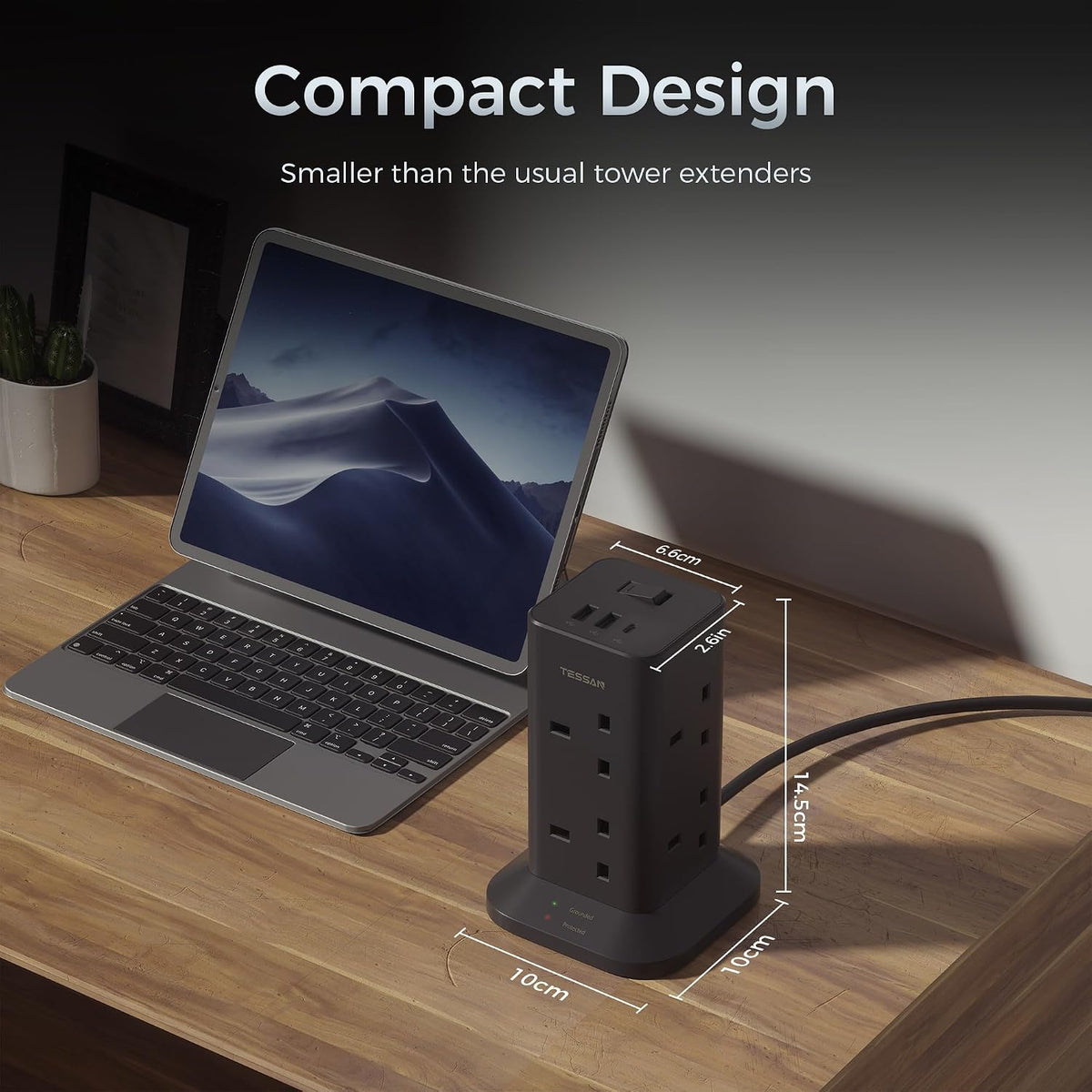 TESSAN Tower Black Extension Lead with USB C Slots