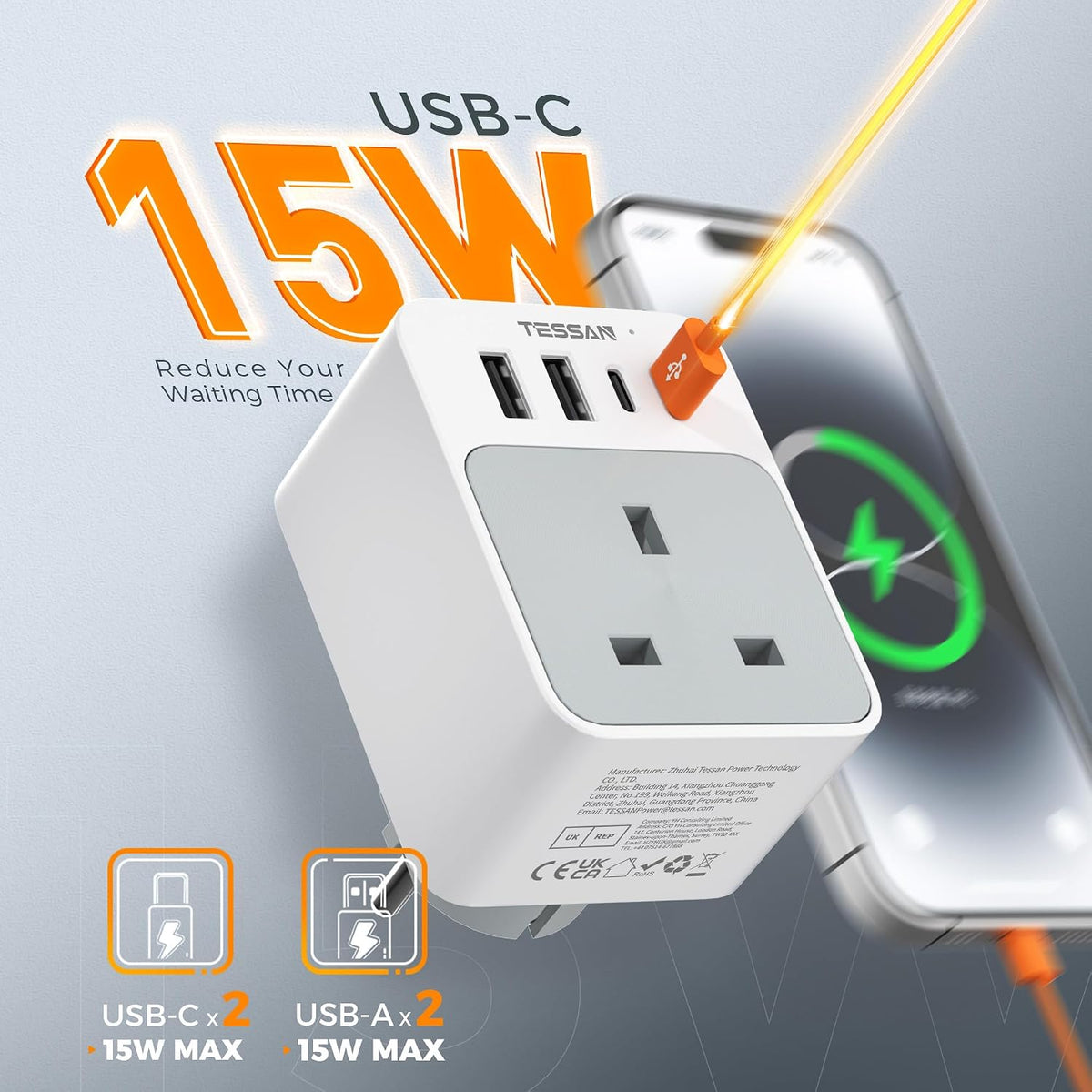 TESSAN UK to European Plug Adapter 2 Pack, EU Travel Plugs with USB C