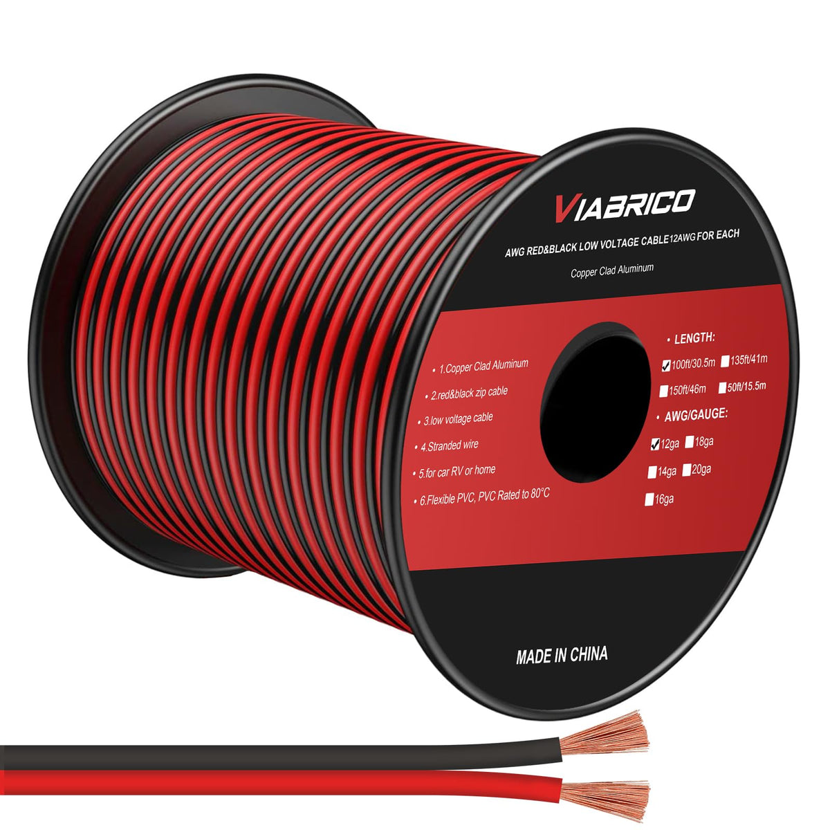 VIABRICO 300FT 10 Gauge Wire, 10AWG Automotive Wire 2 Conductor 12V Cable