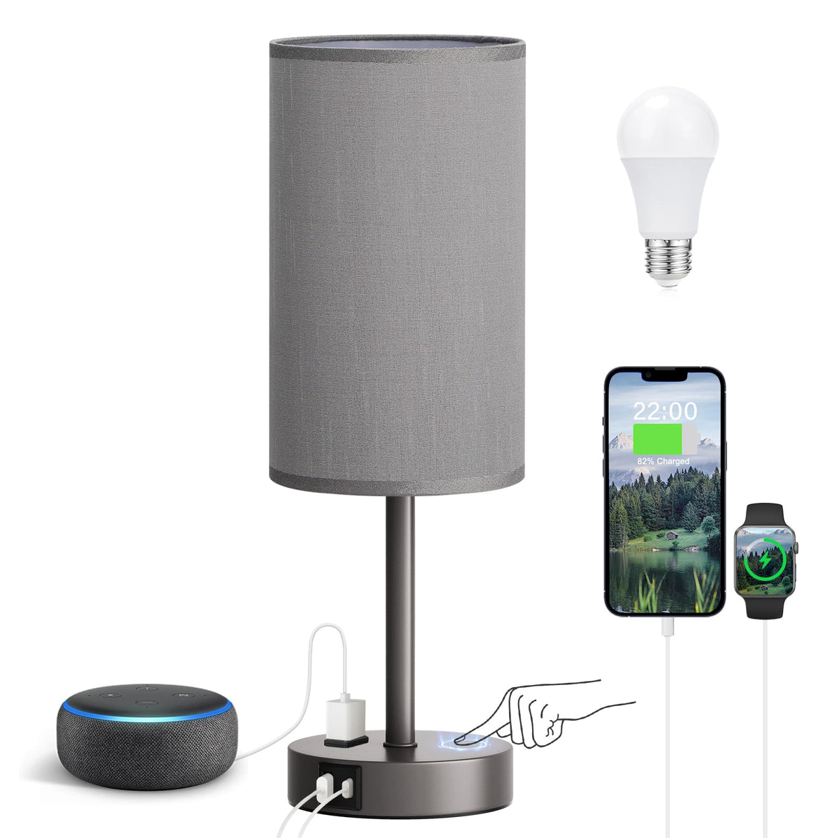 Fenmzee Bedside Table Lamp Set of 2 - Dimmable Touch, USB A+C, AC Outlet
