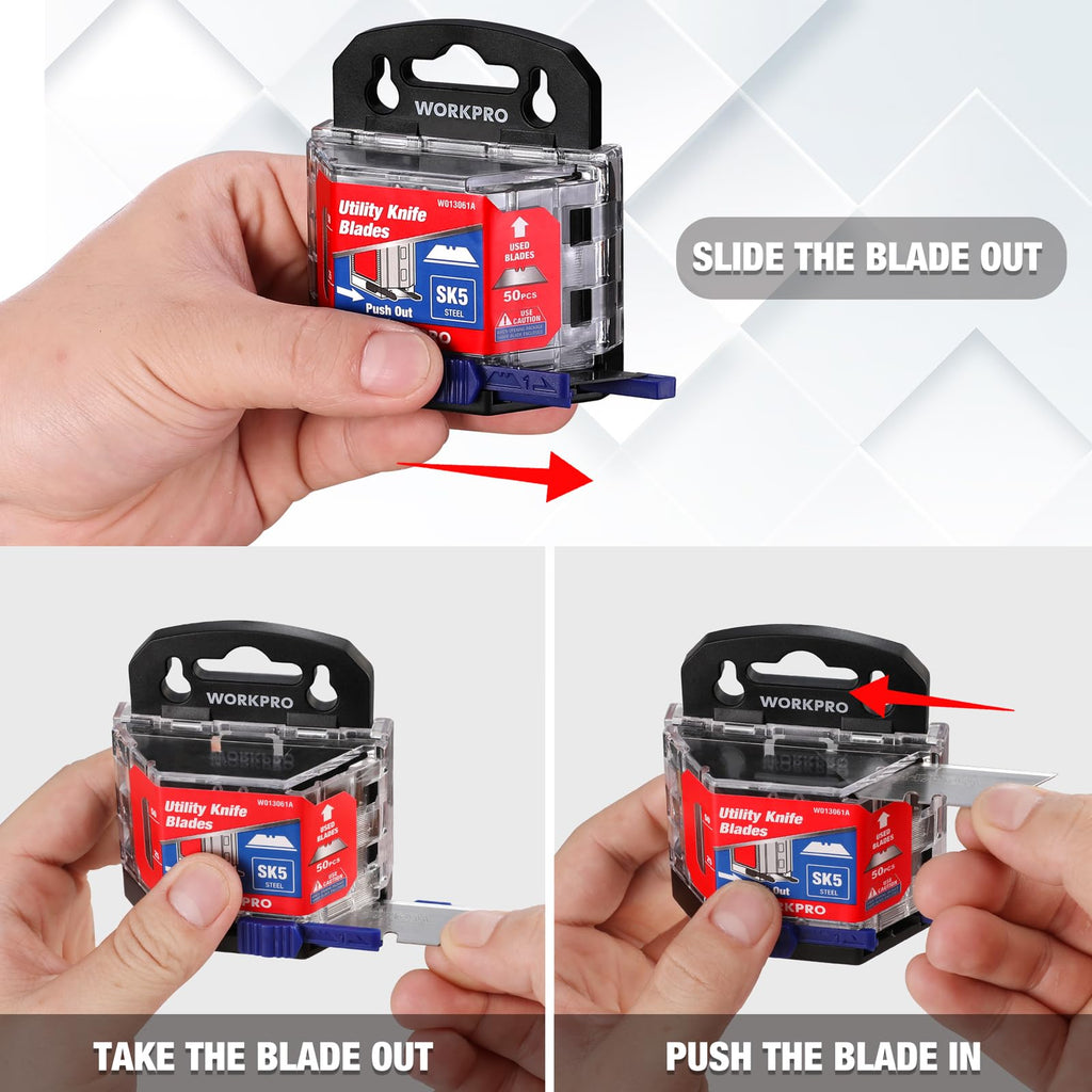 WORKPRO Utility Knife Blades, 100-Pack SK5 Steel Blades with Dispenser