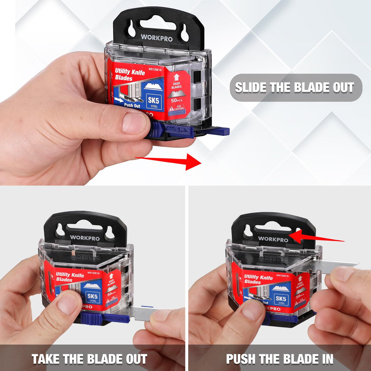 WORKPRO Utility Knife Blades, 100-Pack SK5 Steel Blades with Dispenser