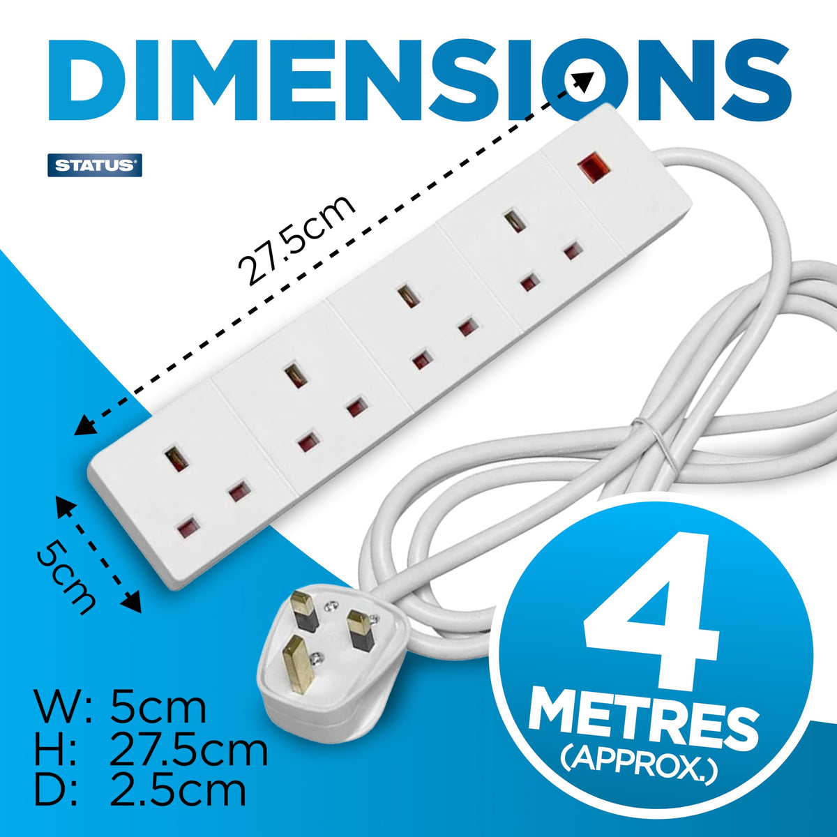 STATUS 4 Way Socket Extension Lead, 1m Cable, White (4WS1M20)