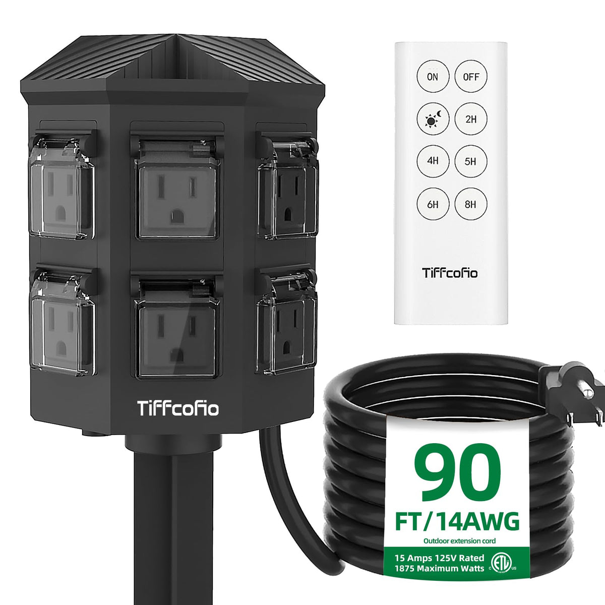 TiFFCOFiO Outdoor Power Stake Timer, 100FT Remote Control, Dusk to Dawn Christmas Light Timer, 6FT Extension Cord Waterproof, 6 Grounded Outlets for Outdoor Christmas Decorations, ETL Listed
