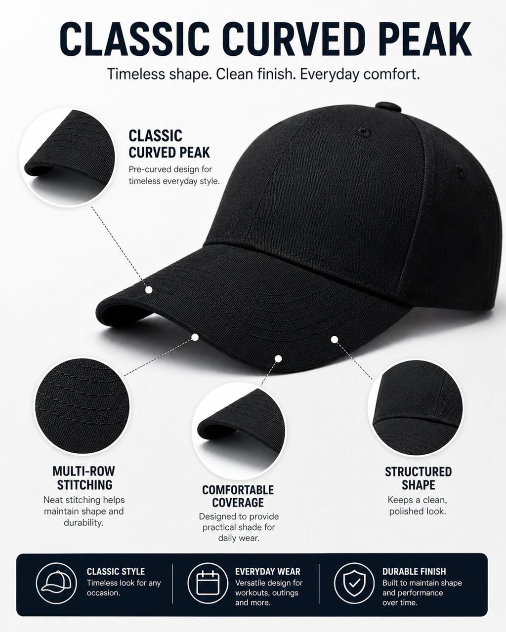 Baseball Cap for Men & Women, Adjustable Unisex 6 Panel Hat with Curved Peak, Breathable Eyelets, One Size Fits Most, Casual Sports Outdoor Wear