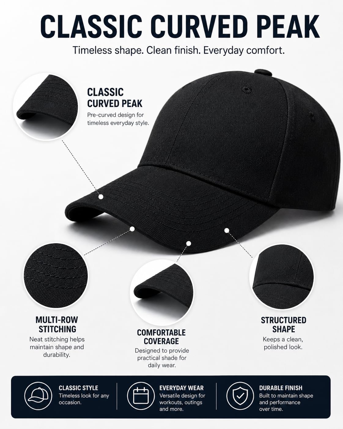 Baseball Cap for Men & Women, Adjustable Unisex 6 Panel Hat with Curved Peak, Breathable Eyelets, One Size Fits Most, Casual Sports Outdoor Wear
