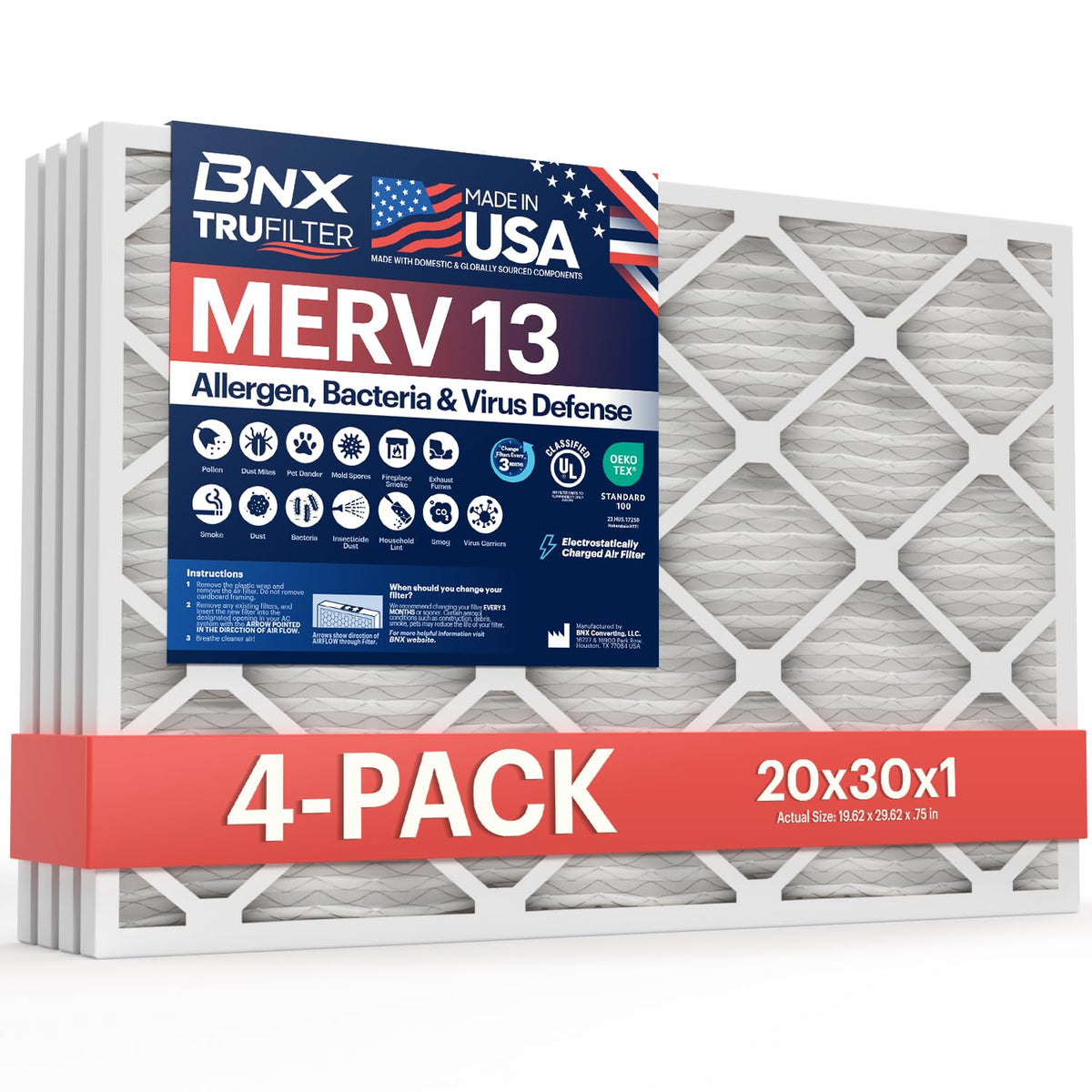 BNX TruFilter 20x20x1 Air Filter MERV 13 Smoke, Allergy, Pet Defense 6-Pack