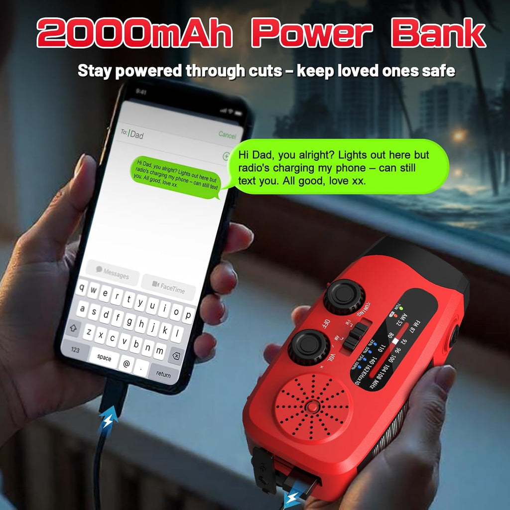 Wind Up Solar Radio, Emergency Radio, Portable Hand Crank Radio, AM/FM Radio with LED Torch, 7400mWh Rechargeable Power Bank, SOS Alarm, USB Phone Charger, Emergency Use for Camping Hiking (Red)