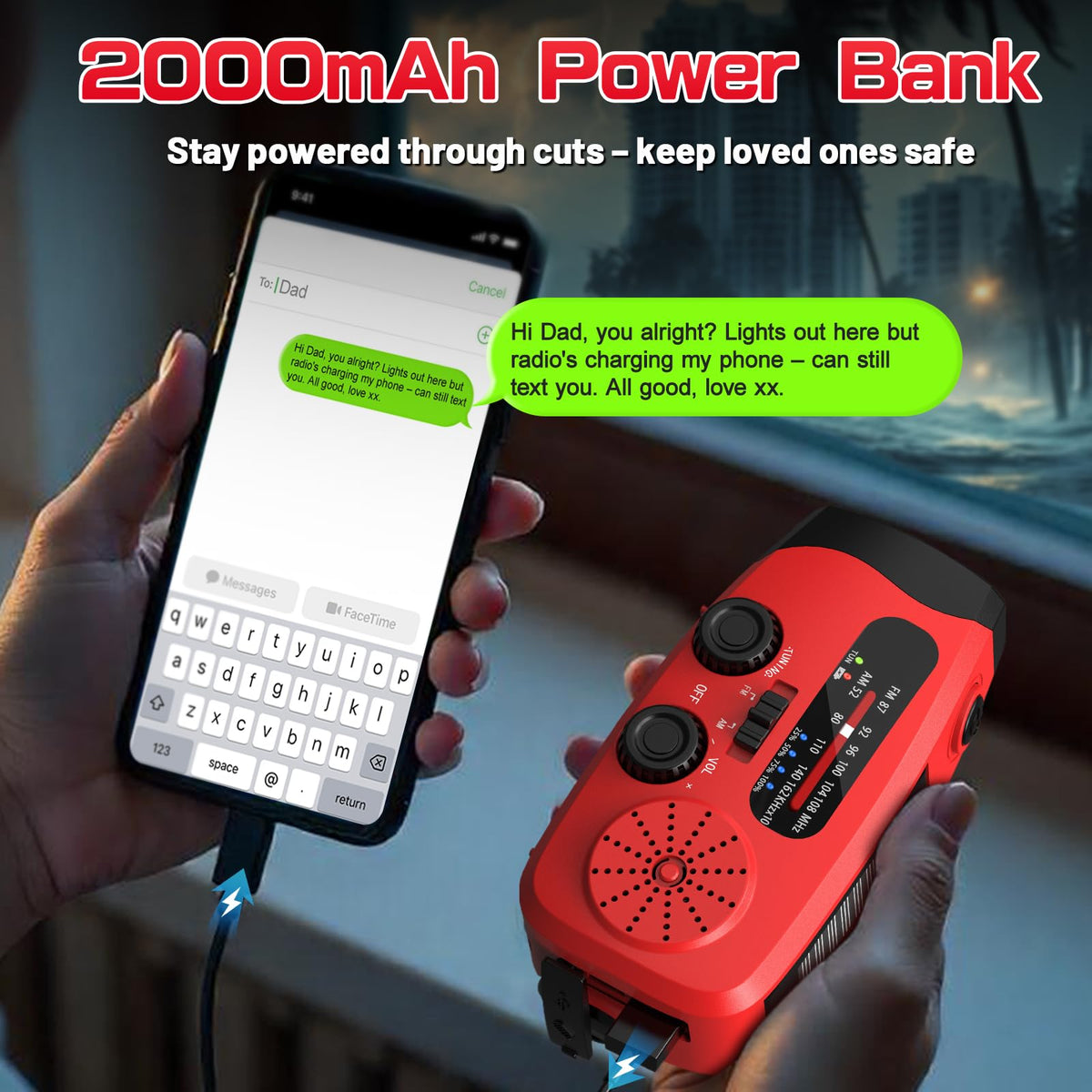 Wind Up Solar Radio, Emergency Radio, Portable Hand Crank Radio, AM/FM Radio with LED Torch, 7400mWh Rechargeable Power Bank, SOS Alarm, USB Phone Charger, Emergency Use for Camping Hiking (Red)