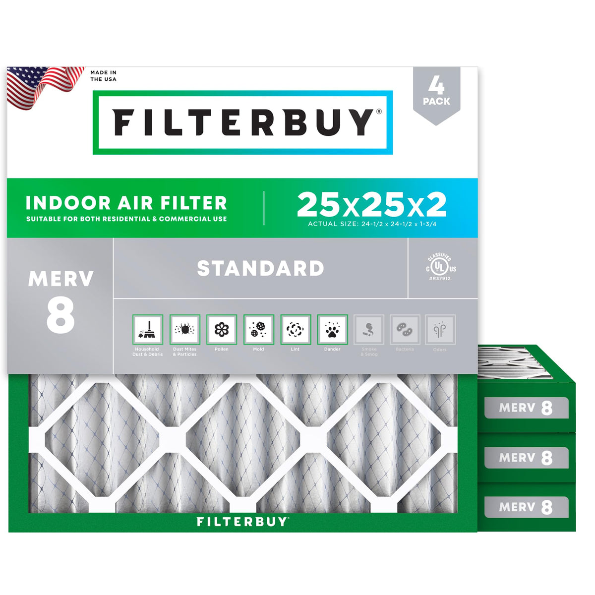 Filterbuy 20x20x1 Air Filter MERV 8 Dust & Allergy Defense (4-Pack)