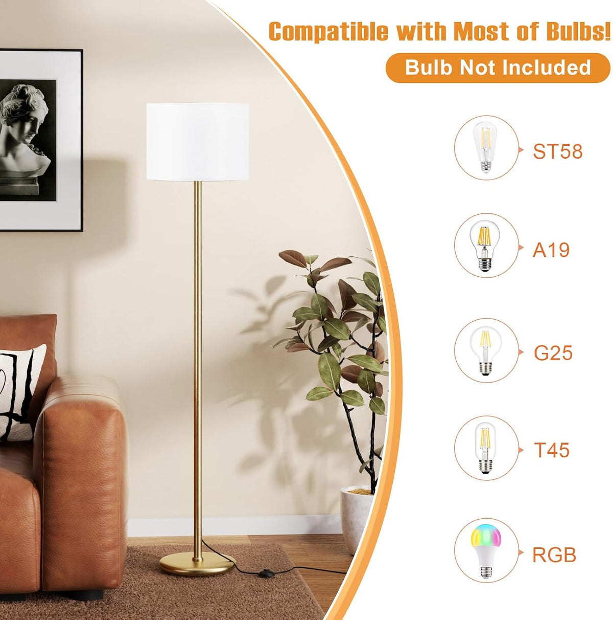 Ambimall Floor Lamp for Living Room with Smart Light Bulb, RGB + Stepless Dimmable Colors Temperature & Brightness(White Shade & Black Pole)