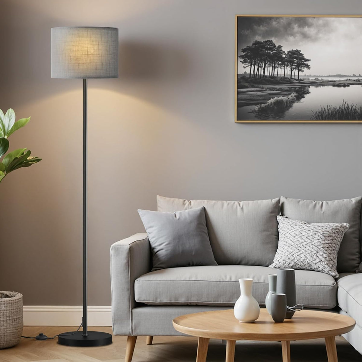 Ambimall Floor Lamp for Living Room with Smart Light Bulb, RGB + Stepless Dimmable Colors Temperature & Brightness(White Shade & Black Pole)