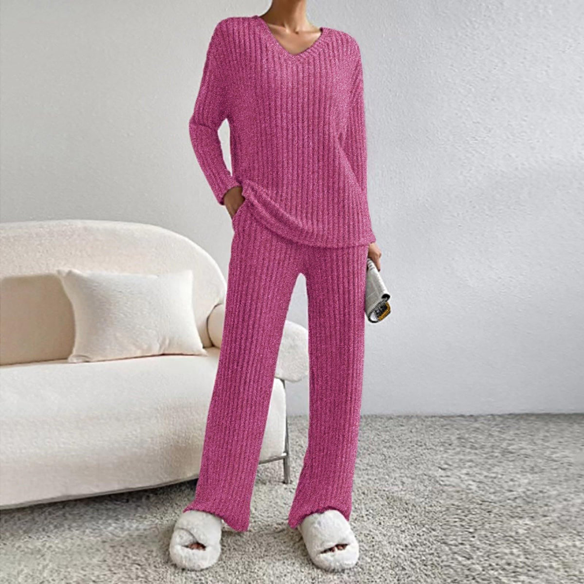 Lounge Wear Sets For Women Uk, Womens Pyjamas Set Long, Ladies Ribbed Loungewear Knit Outfits Womens Tracksuits 2 Piece Set V Neck Casual Casual Homewear