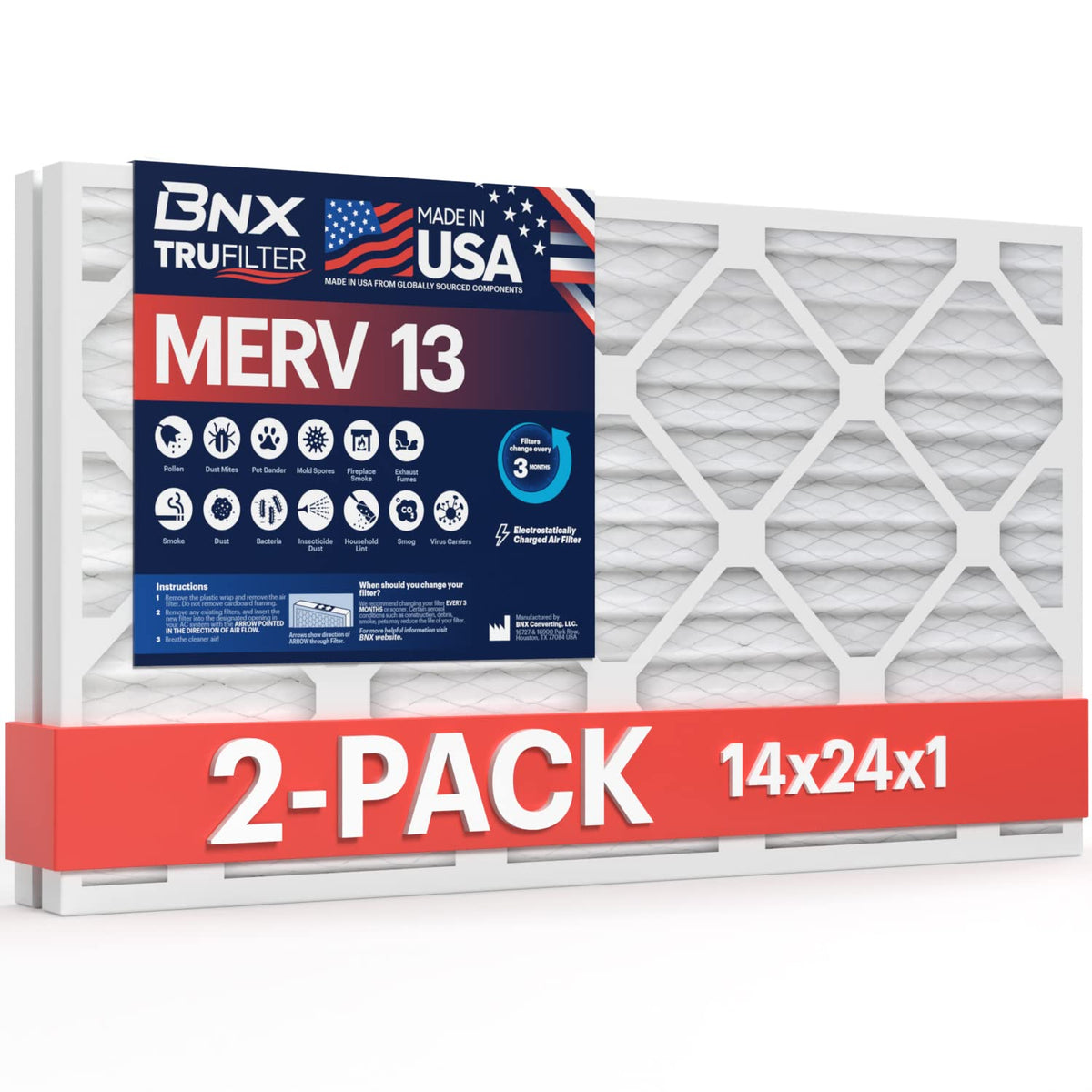 BNX TruFilter 20x20x1 Air Filter MERV 13 Smoke, Allergy, Pet Defense 6-Pack