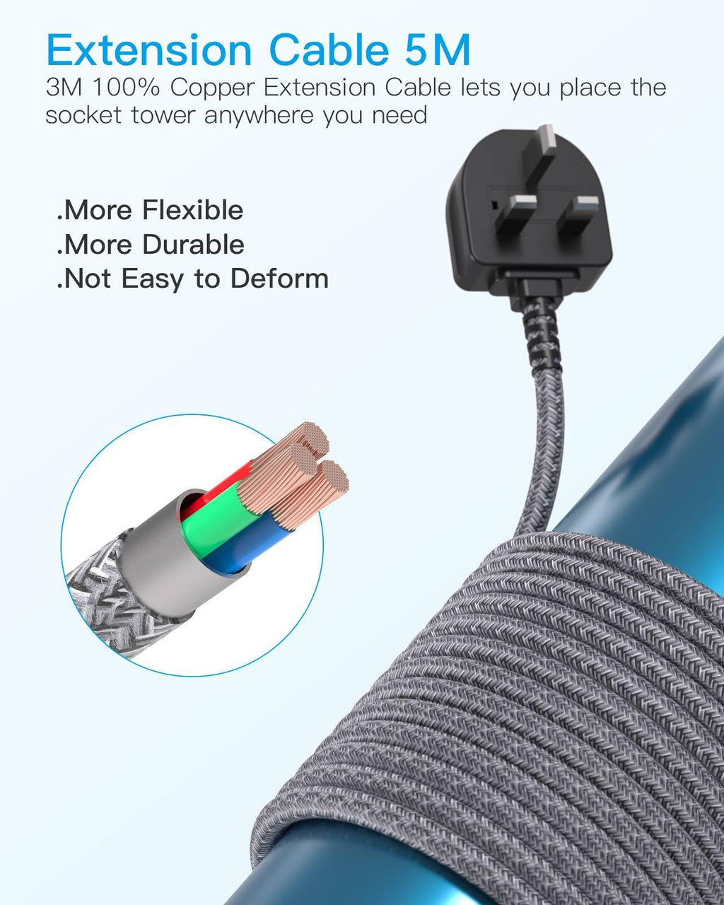 3M Tower Extension Lead with 2 USB C Slots, 8 Way Outlets Power Strip, 10Ft
