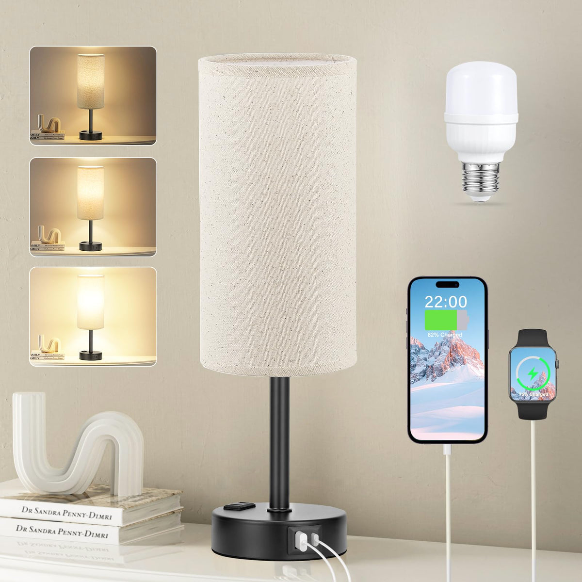 Fenmzee Bedside Table Lamp Set of 2 - Dimmable Touch, USB A+C, AC Outlet